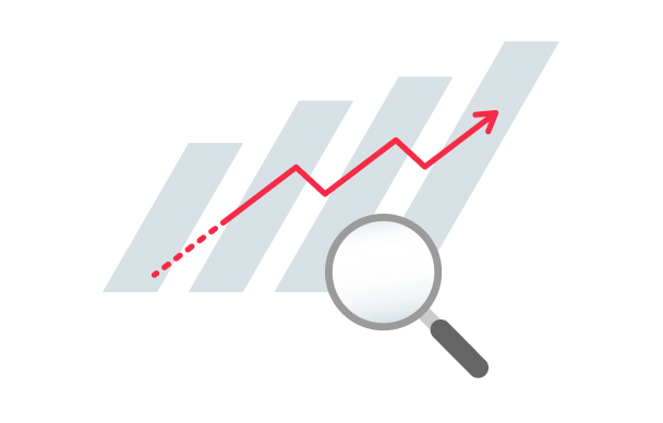 財務指標の上昇トレンドを示すグラフを虫眼鏡で分析している図
